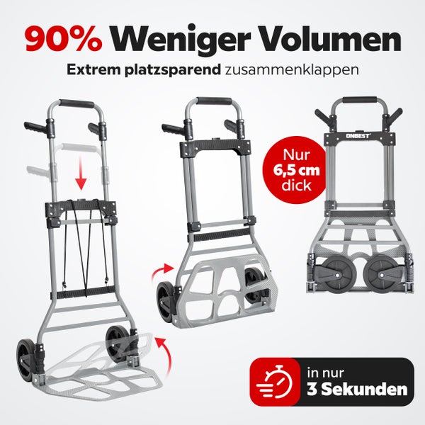 ONBEST Logo. Graue faltbare Sackkarre in drei Schritten auf 6,5 Zentimeter Tiefe zusammengeklappt für 90 Prozent weniger Volumen.