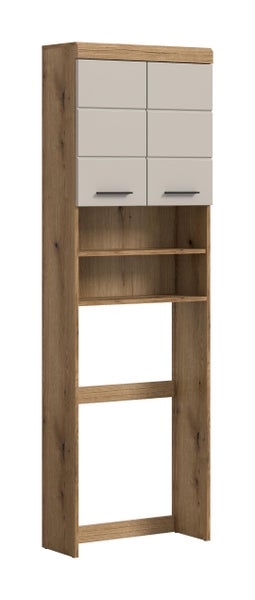 Wand- und Unterschrank für Waschmaschine mit offenem Regal und zwei Schränken in Holzoptik