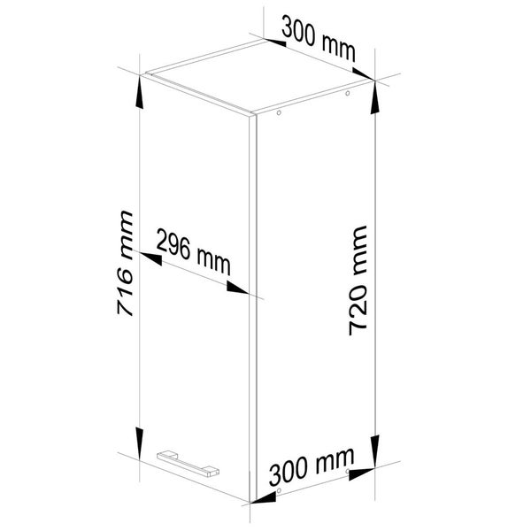 Technische Zeichnung eines Hochschranks mit den Maßen 716 mm Höhe, 300 mm Breite und 296 mm Tiefe.