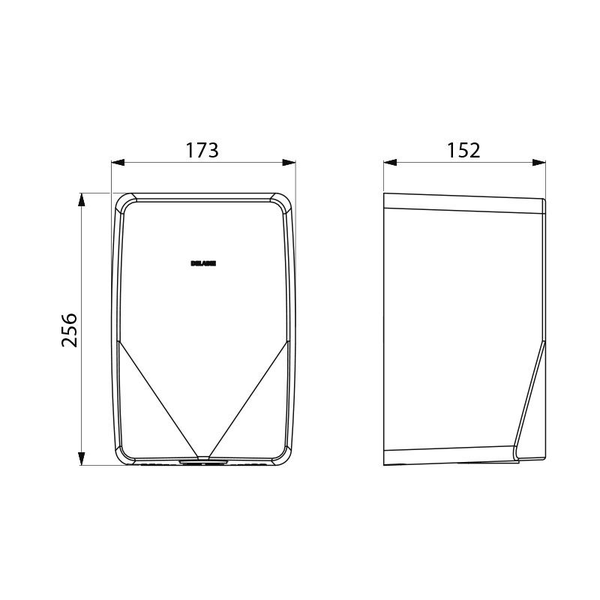 Technische Zeichnung mit Abmessungen für ein Delabie Produkt: Höhe 256 Millimeter, Breite 173 Millimeter, Tiefe 152 Millimeter.