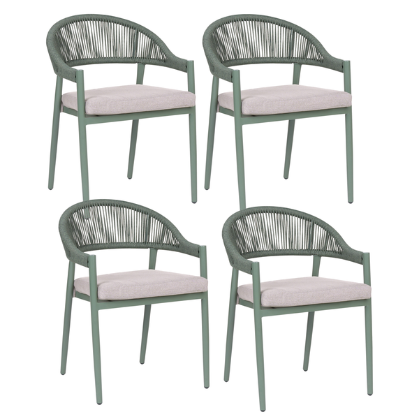 4 Gartenstühle mit grünem Metallgestell, Seilgeflecht-Rückenlehne und grauen Sitzkissen.