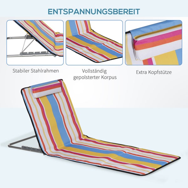 Outsunny Strandmatte, 2er Set Faltbare Strandliege mit Kopfkissen, 5-stufige Höhenverstellbare Strandmatratze mit Tragetasche, Stahl, Mehrfarbig, 134 x 48 x 33-43 cm