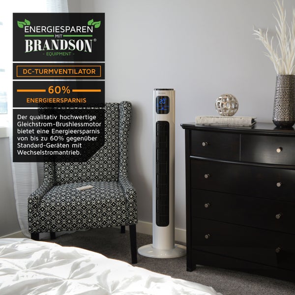 Brandson ECO Turmventilator Silent, 12 Leistungsstufen, Ventilator Standventilator mit DC-Motor, Timer, inkl. Fernbedienung, sehr leise
