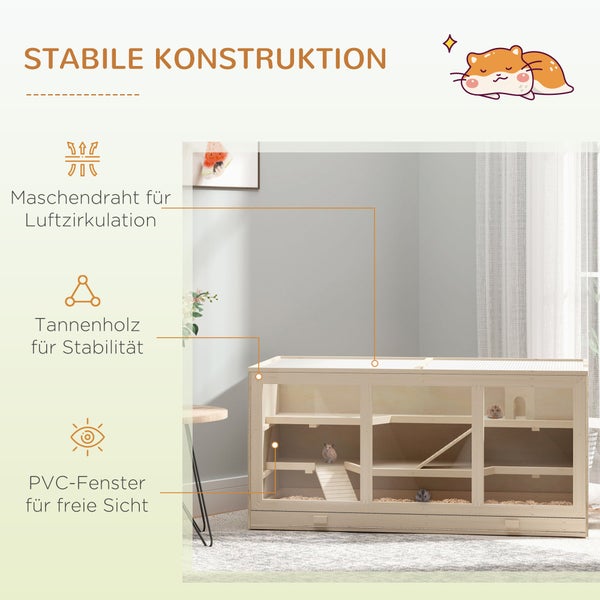 PawHut Zwerghamsterkäfig Nagerkäfig Kleintierstall aus Holz Mäusekäfig mit Treppen Kleintierkäfig Nagervilla Dreistöckig Naturholz 115 x 57 x 55 cm