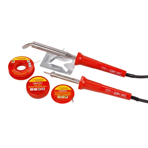 Rothenberger Industrial Lötkolben-Set inklusive zwei Lötkolben, Lötzinn, Lötfett, Entlötlitze und einer Metallablage.