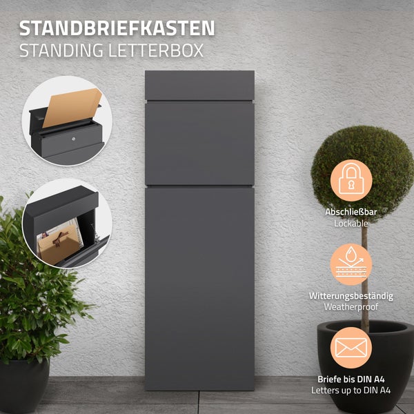 ML-Design Standbriefkasten freistehend, Anthrazit, aus rostfreiem Stahl, 39,5x14,1x115 cm, Abschließbar inkl. 2 Schlüssel, witterungsbeständig, modern, Briefkasten Postkasten Postbox, zum Aufschrauben