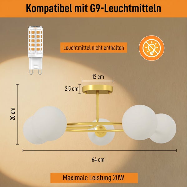 Goldfarbene Deckenleuchte mit fünf weißen Glaskugeln, Breite 64 Zentimeter, Höhe 20 Zentimeter, G9 Fassung, Leuchtmittel nicht enthalten.