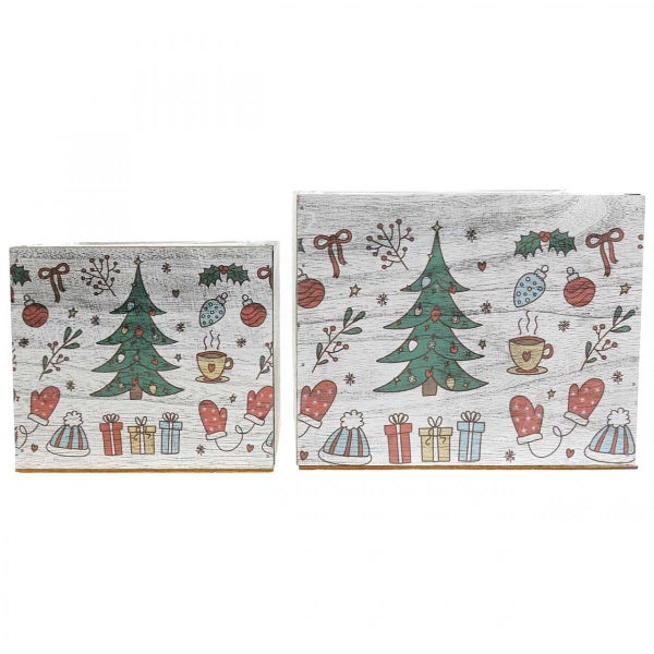 Zwei quadratische Holzboxen mit Weihnachtsmotiv