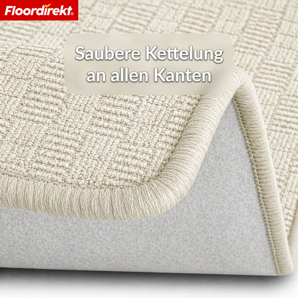 Floordirekt Logo. Beiger Teppich mit Strukturmuster und sauber gekettelten Kanten an allen Seiten.