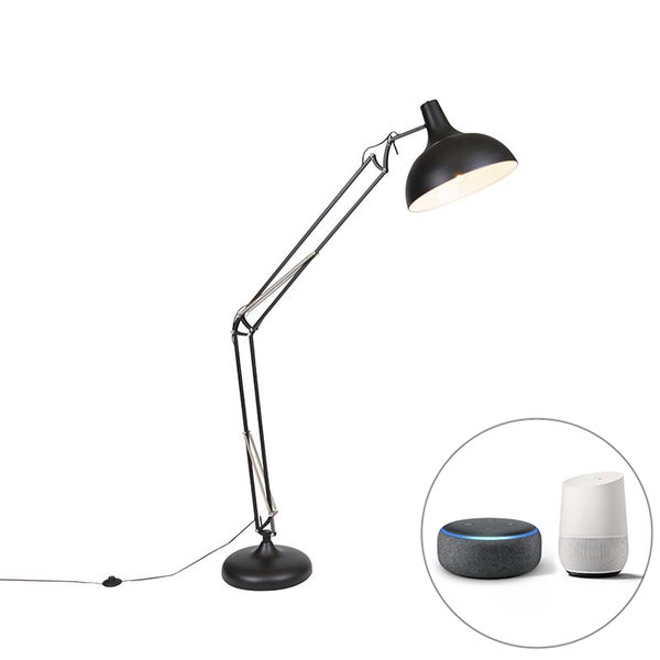 QAZQA - Retro Smarte Stehlampe schwarz verstellbar inkl. Wifi A60 - Hobby I Wohnzimmer I Schlafzimmer - Stahl Rund - LED geeignet E27