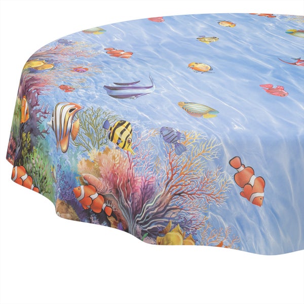Tischdecke mit Unterwasser-Motiv, verschiedenen Fischen und Korallenriffen.