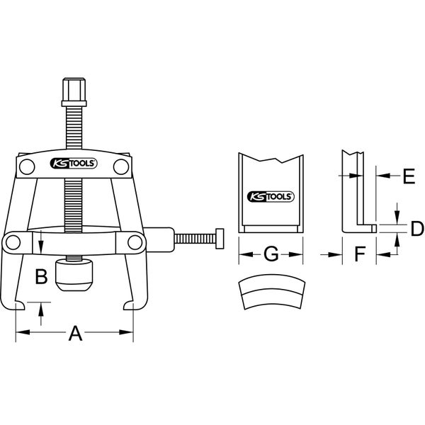 Technische Zeichnung eines Abziehers mit den Bezeichnungen A, B, D, E, F und G sowie dem KS Tools Logo.