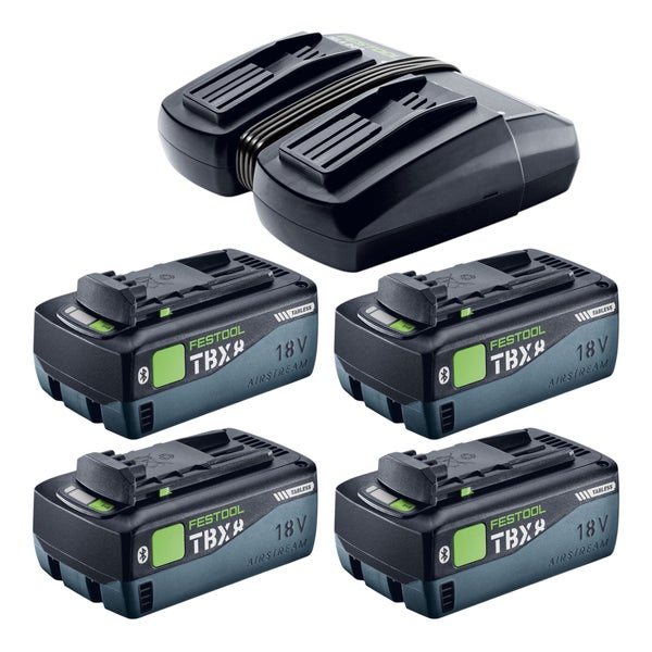 Festool Energie-Set mit einem Doppel-Ladegerät und vier 18 Volt Bluetooth-Akkupacks.