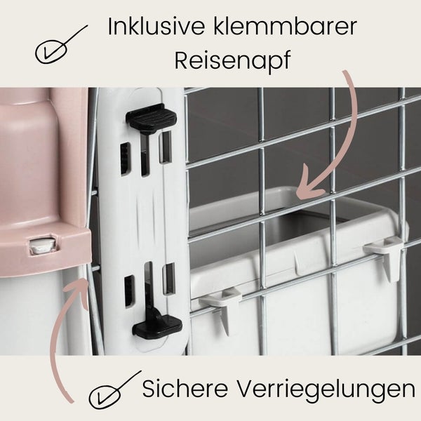 Details eines Transportkäfigs für Tiere mit sicherem Verschluss und inklusivem, befestigbaren Reise-Futternapf