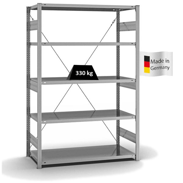 PROREGAL Fachbodenregal Stecksystem T-Profil Heavy-Duty Grundregal HxBxT 200 x 130 x 60 cm 5 Ebenen Fachlast 330 kg Einseitig Nutzbar Verzinkt