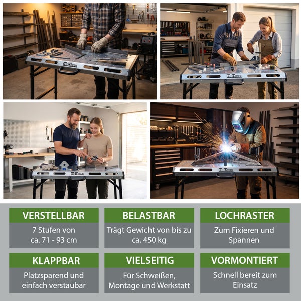 Trutzholm Schweißtisch und Arbeitstisch mit Lochplatte, höhenverstellbar und klappbar für Schweißarbeiten sowie Montage in der Werkstatt.