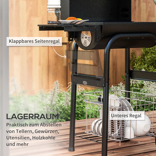 Outsunny Holzkohlegrill, Grillwagen mit Deckel, Ablagen Campinggrill mit Rädern, 83L x 46,5B x 115H cm, Edelstahl, Schwarz
