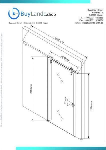 Technische Zeichnung einer Glasschiebetür: Schienenlänge 2000 Millimeter, Türbreite 1025 Millimeter, Höhe 2050 Millimeter. BuyLando.shop Logo.