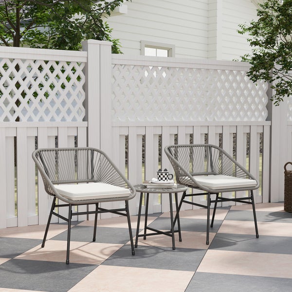 Outsunny Polyrattan Gartenmöbel Set, Outdoor Lounge Balkonmöbel für 2 Personen, 3-teilig Bistroset Sitzgruppe mit 2 Stühle, Beistelltisch, Kissen, wetterfest Gartenlounge für Garten Balkon Dunkelgrau