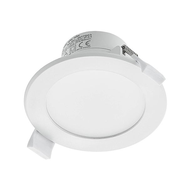 Runder LED-Einbaustrahler in Weiß mit Befestigungsfedern und Schutzart IP44.