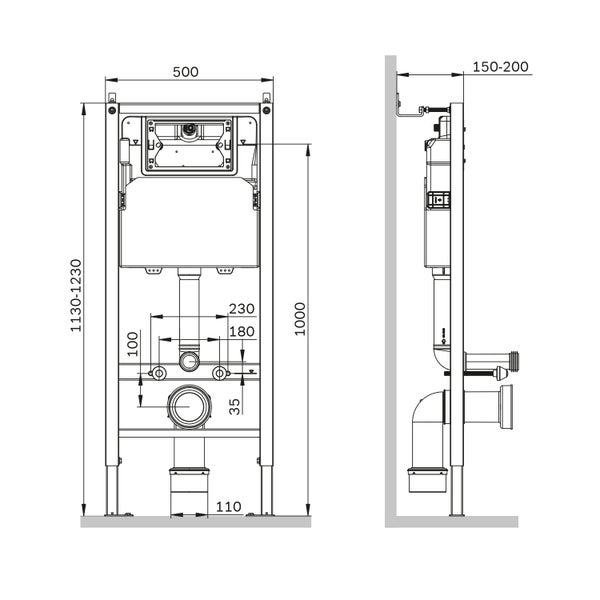 Technische Zeichnung eines Vorwandelementes für WCs mit Maßangaben