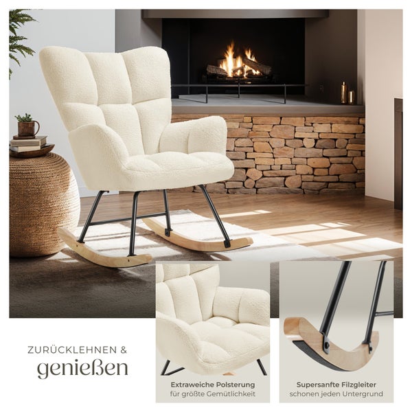Schaukelstuhl tectake Torve 68 x 96 x 97 cm, Belastbarkeit 120 kg gepolstert mit Bouclé-Bezug, gesteppt beige