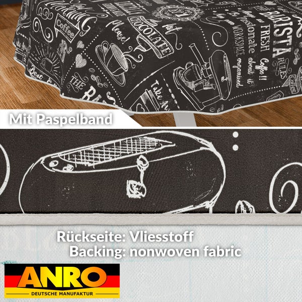 Tischdecke mit Kaffeemotiv und Paspelband sowie Rückseite aus Vliesstoff