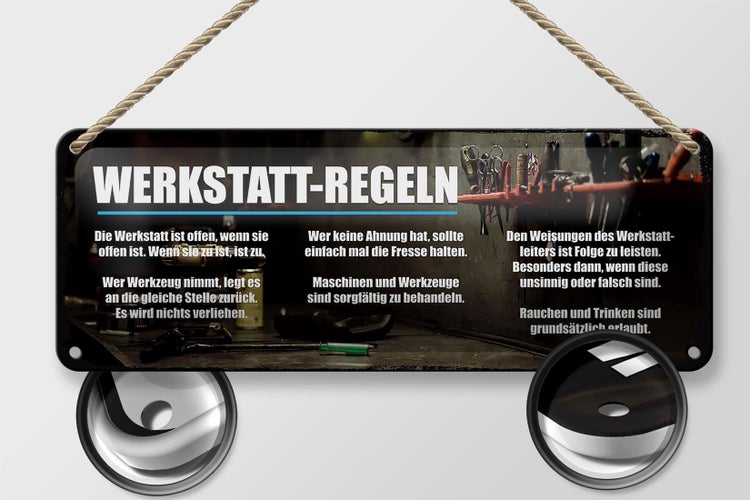 Blechschild Spruch 27x10cm Werkstatt Regeln offen wenn offen