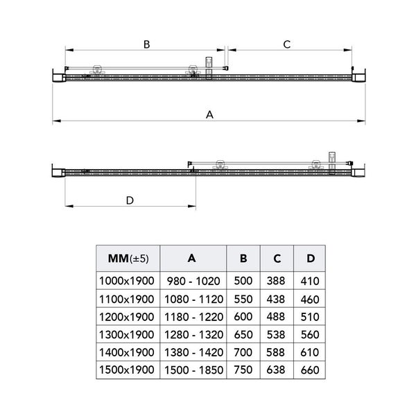 Technische Zeichnung mit Maßen und Tabelle für ein Schiebetürsystem