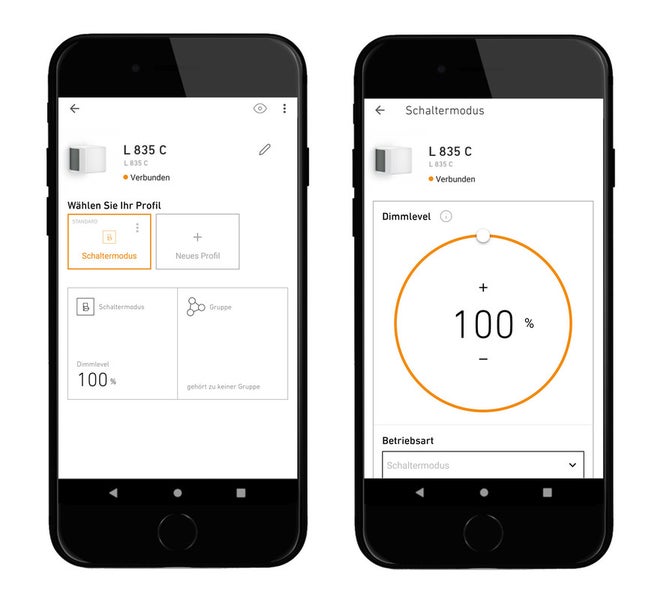 Steuerung der Steinel Außenleuchte L 835 C über eine Smartphone App mit Dimmer-Funktion bei 100 Prozent und Schaltermodus.