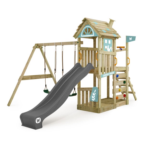 WICKEY Spielturm Klettergerüst FarmFlyer mit Schaukel und Rutsche, Kletterturm mit Sandkasten, Leiter und Spiel-Zubehör – pastellblau