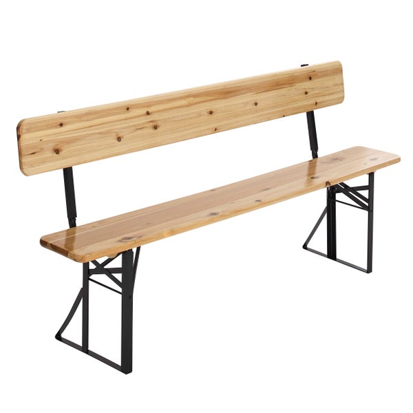 Klappbare Bierbank aus Holz mit Rückenlehne und schwarzem Metallgestell.