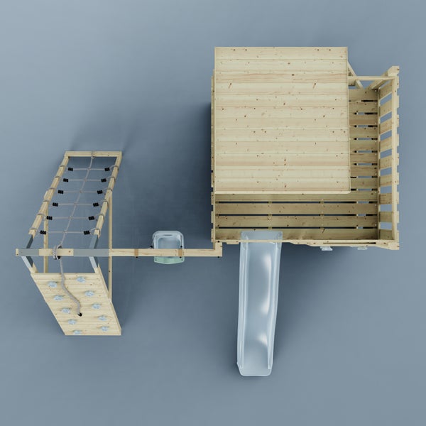 Spielturm aus Holz in der Draufsicht mit Rutsche, Kletterwand und Kletternetz