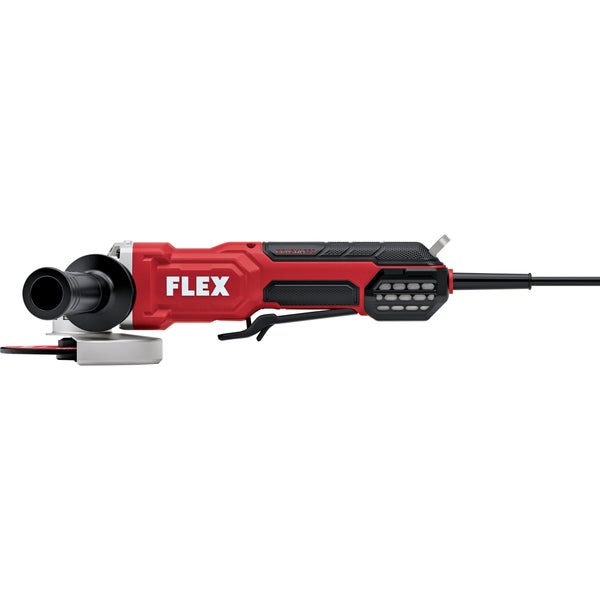 Bürstenloser Winkelschleifer von FLEX mit Netzkabel, Zusatzhandgriff und Schutzhaube.