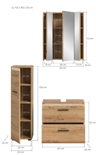 Badezimmermöbel-Set in Holzoptik mit Maßangaben in Zentimeter für Spiegelschrank, Hochschrank und Waschbeckenunterschrank.