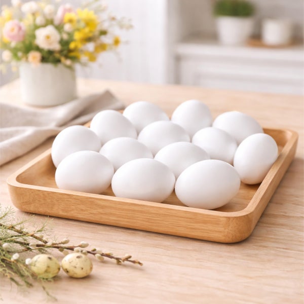 Weiße Eier in einem rechteckigen Holztablett auf einem Holztisch, hell arrangiert mit Frühlingsblumen und Weidenkätzchen.