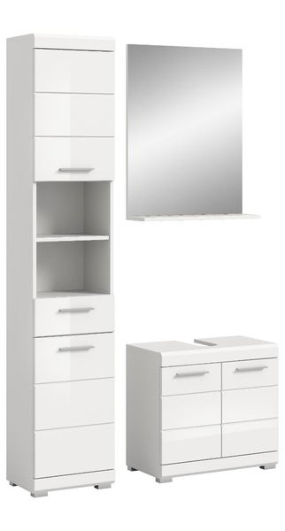 Dreiteiliges Badezimmermöbel-Set bestehend aus einem Hochschrank mit offenen Fächern, einem Spiegel mit Ablage und einem Waschbeckenunterschrank.