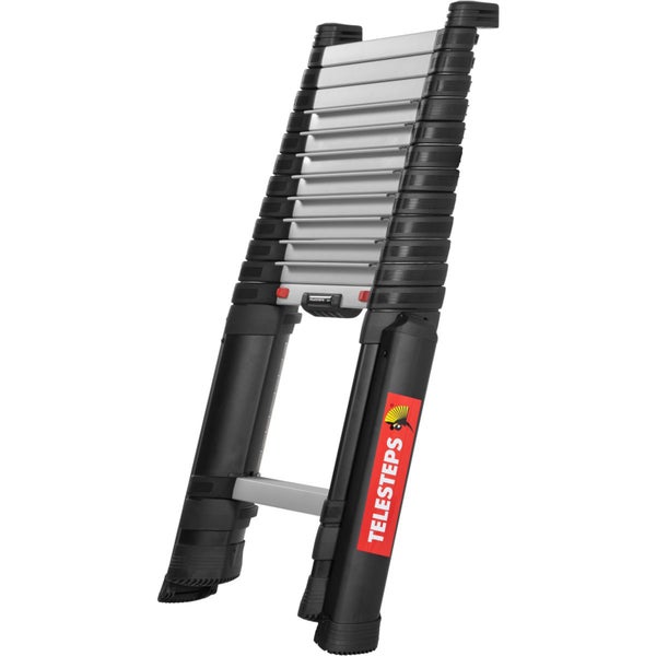 Telesteps Teleskopleiter aus Aluminium im zusammengeschobenen Zustand, Telesteps Logo.