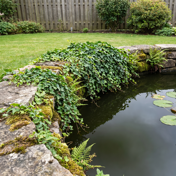 Ein naturnaher Garten mit einem kleinen Teich, der von einer mit Efeu und Farnen bewachsenen Natursteinmauer eingerahmt wird.