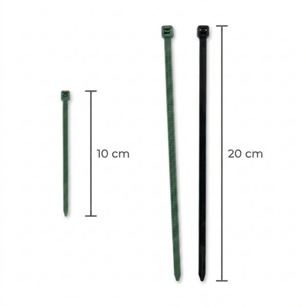 Kabelbinder in verschiedenen Längen von 10 Zentimeter und 20 Zentimeter zur Befestigung und Bündelung von Kabeln.