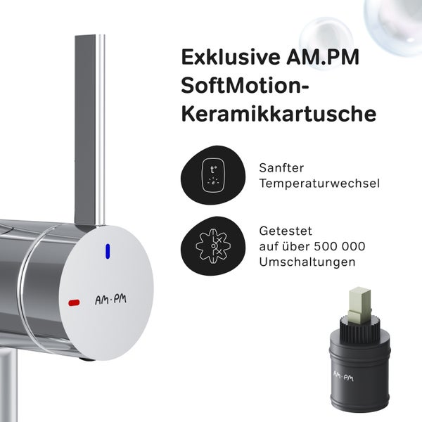 AM.PM Waschtischarmatur mit SoftMotion Keramikkartusche und Informationen zum sanften Temperaturwechsel sowie zur getesteten Anzahl an Umschaltungen.