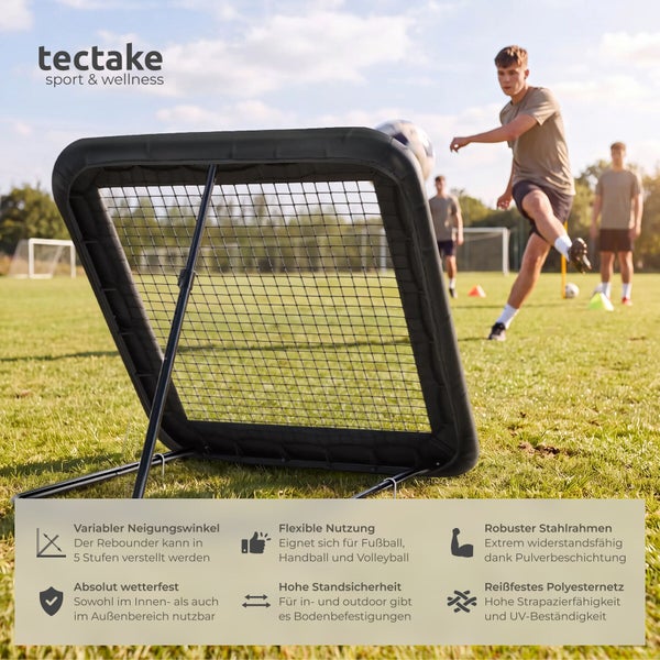 Tectake Rebounder mit variablem Neigungswinkel und Stahlrahmen auf einem Sportplatz für Fußball Handball und Volleyball