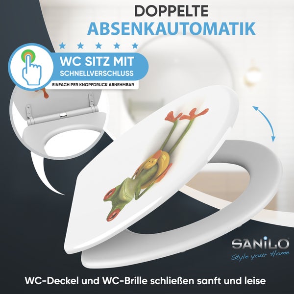 Toilettensitz Sanilo mit Frosch-Motiv, doppelter Absenkautomatik und Schnellverschluss zum einfachen Abnehmen per Knopfdruck. Sanilo Logo