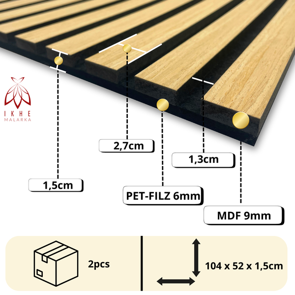 Akustikpaneele 3D Lamellen MDF mit Filz 1040x520x15mm – 2 Stück (1,08m²) | Schallabsorbierend & dekorativ | Holzoptik Wandverkleidung (11000D)