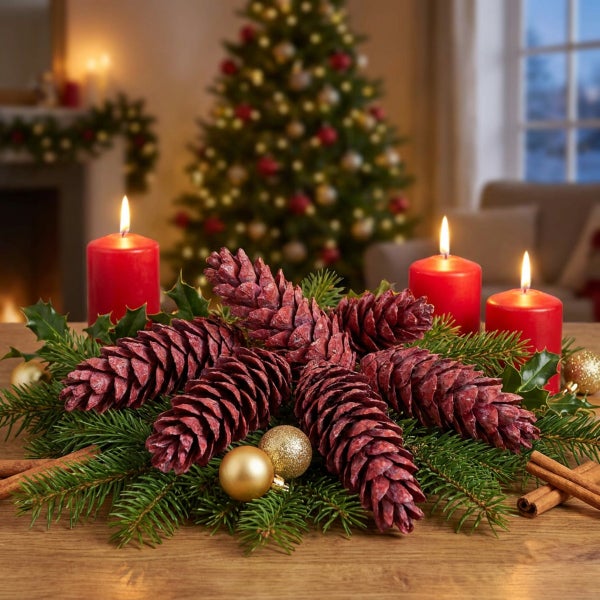 Weihnachtlicher Tischschmuck mit Tannengrün, Zapfen, Zimtstangen, goldenen Weihnachtskugeln und drei brennenden Kerzen vor einem Weihnachtsbaum.