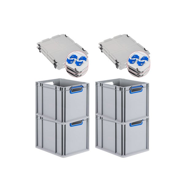 PROREGAL Spar Set 4x Eurobox Nextgen Color Mit Auflagedeckel & Schiebeschnappverschlüsse HxBxT 32 x 30 x 40 cm Griffe Blau Offen Glatter Boden