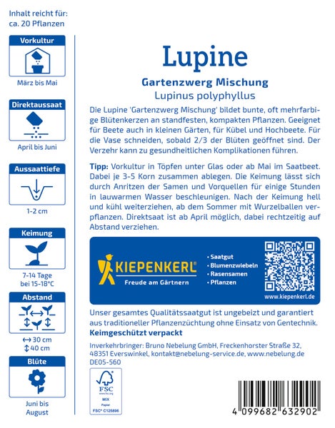 Saatgut Lupine Gartenzwerg Mischung für circa 20 Pflanzen mit Anbauanleitung und Kiepenkerl Logo