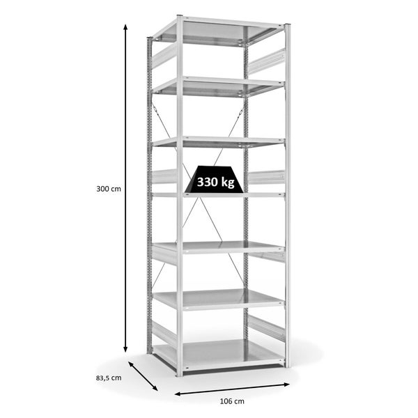 PROREGAL Fachbodenregal Stecksystem T-Profil Heavy-Duty Grundregal HxBxT 300 x 100 x 80 cm 7 Ebenen Fachlast 330 kg Einseitig Nutzbar Lichtgrau