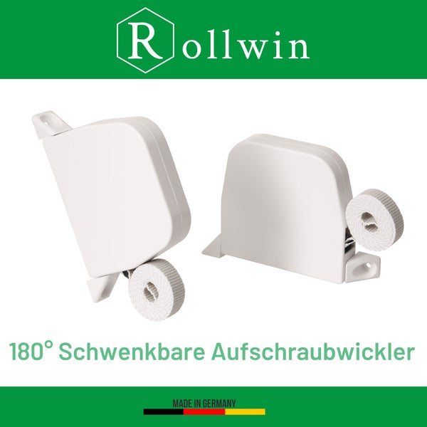 Rollwin 2x Rolladen Gurtwickler Aufputz - aus Deutschland - 185mm Lochabstand Weiß - Maxi Rollladen Aufwickler mit 5m Gurt 23mm Grau genoppt Maxi Wickler aufklappbar inklusive Rolladengurt