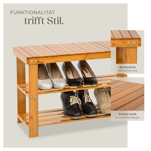 Technische Zeichnung eines Schuhregals aus lackiertem Bambusholz mit Maßangaben